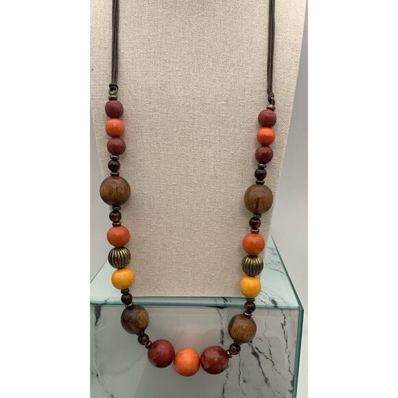Boho Colorful Chunky Wood Bead Necklace With Cloth Necklace - Picture 2 of 5